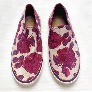 Tory Burch Floral Canvas Slip-On Sneakers in Burgundy and Cream